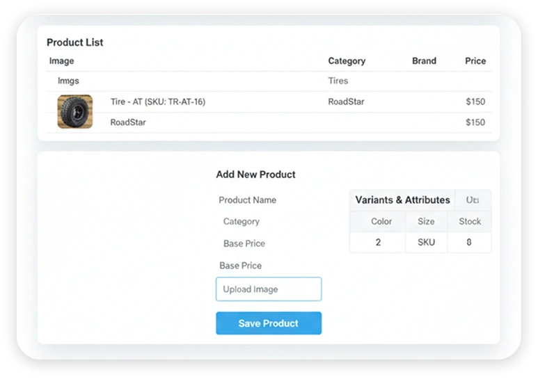 Product catalog management with categories, brands, variants and pricing