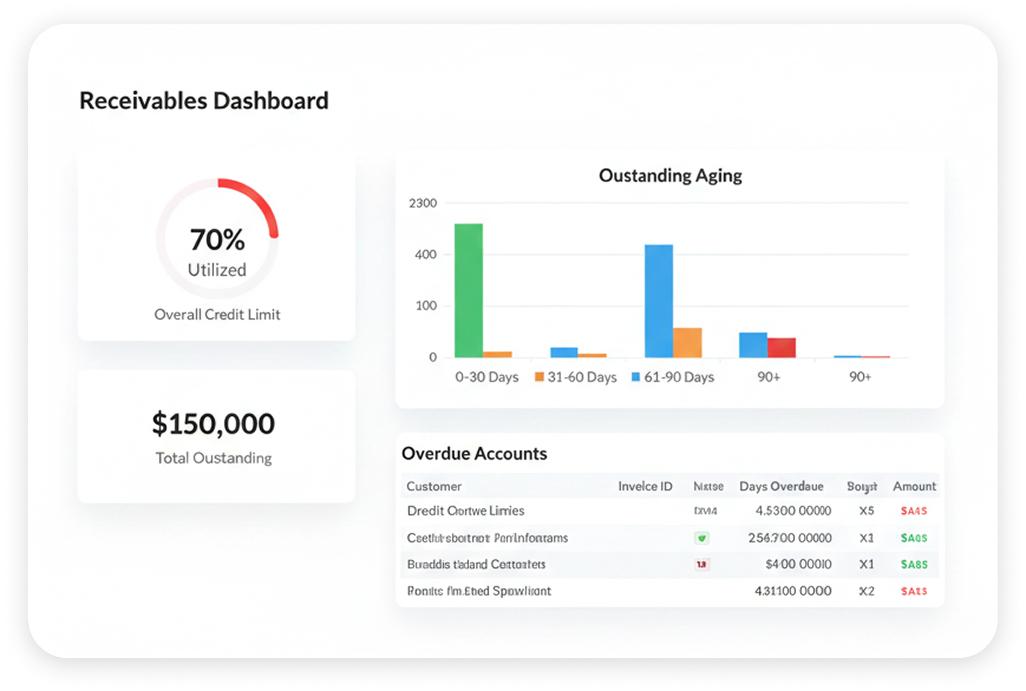 Credit limit and receivables tracking with aging reports and overdue alerts