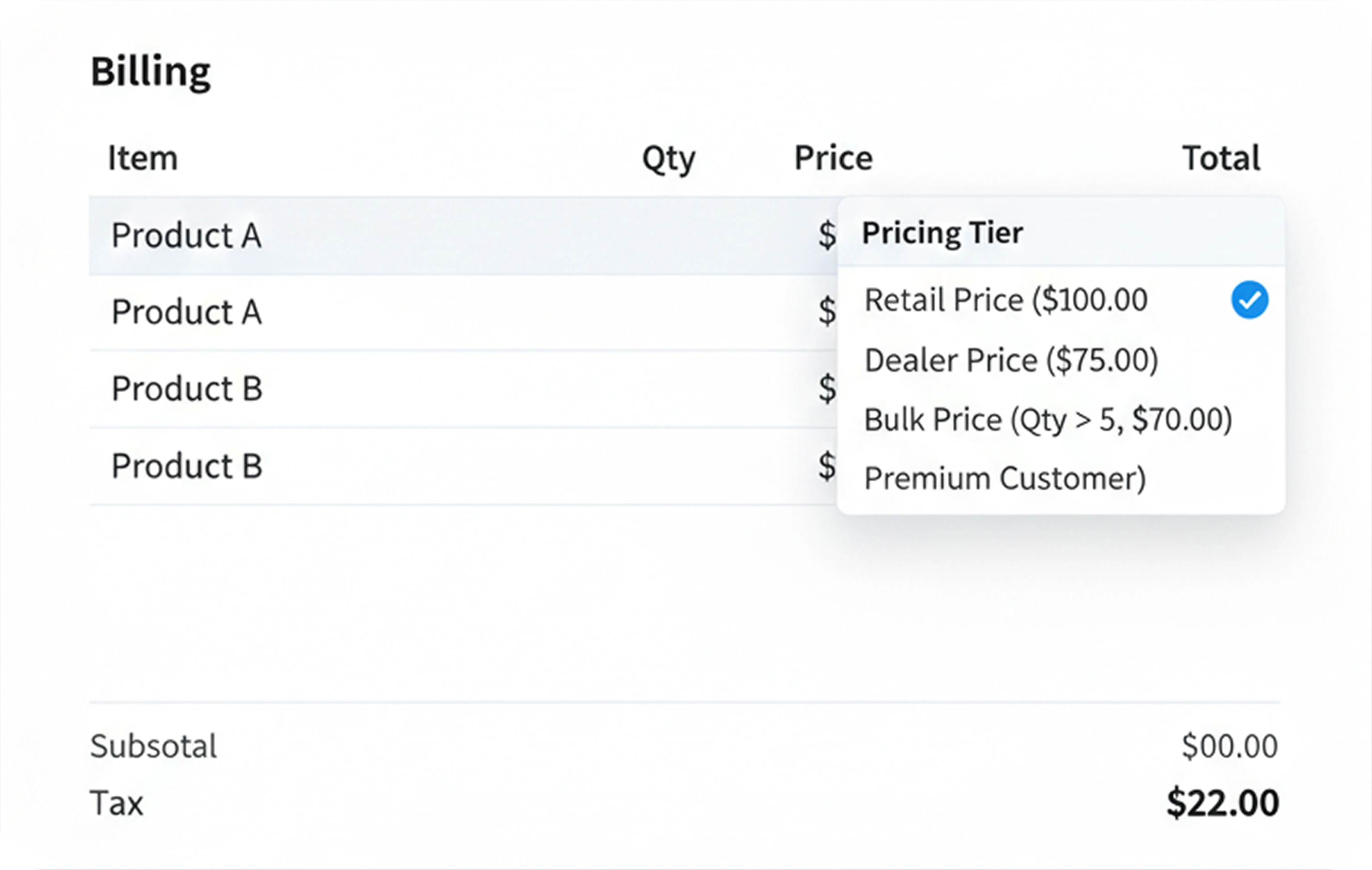 Dealer and retailer pricing tier setup with bulk quantity pricing rules