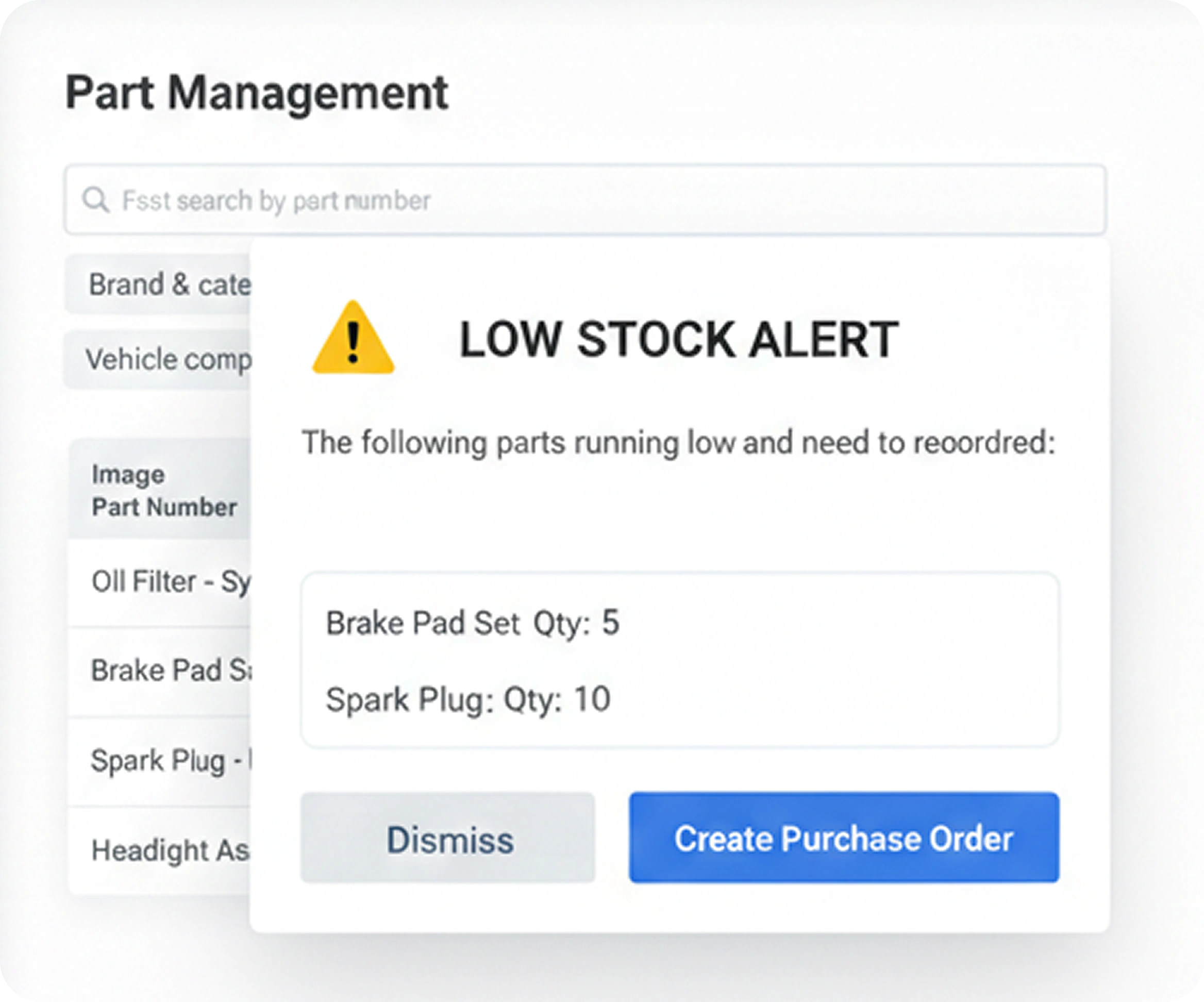 Minimum stock alerts and reorder level planning report for spare parts inventory