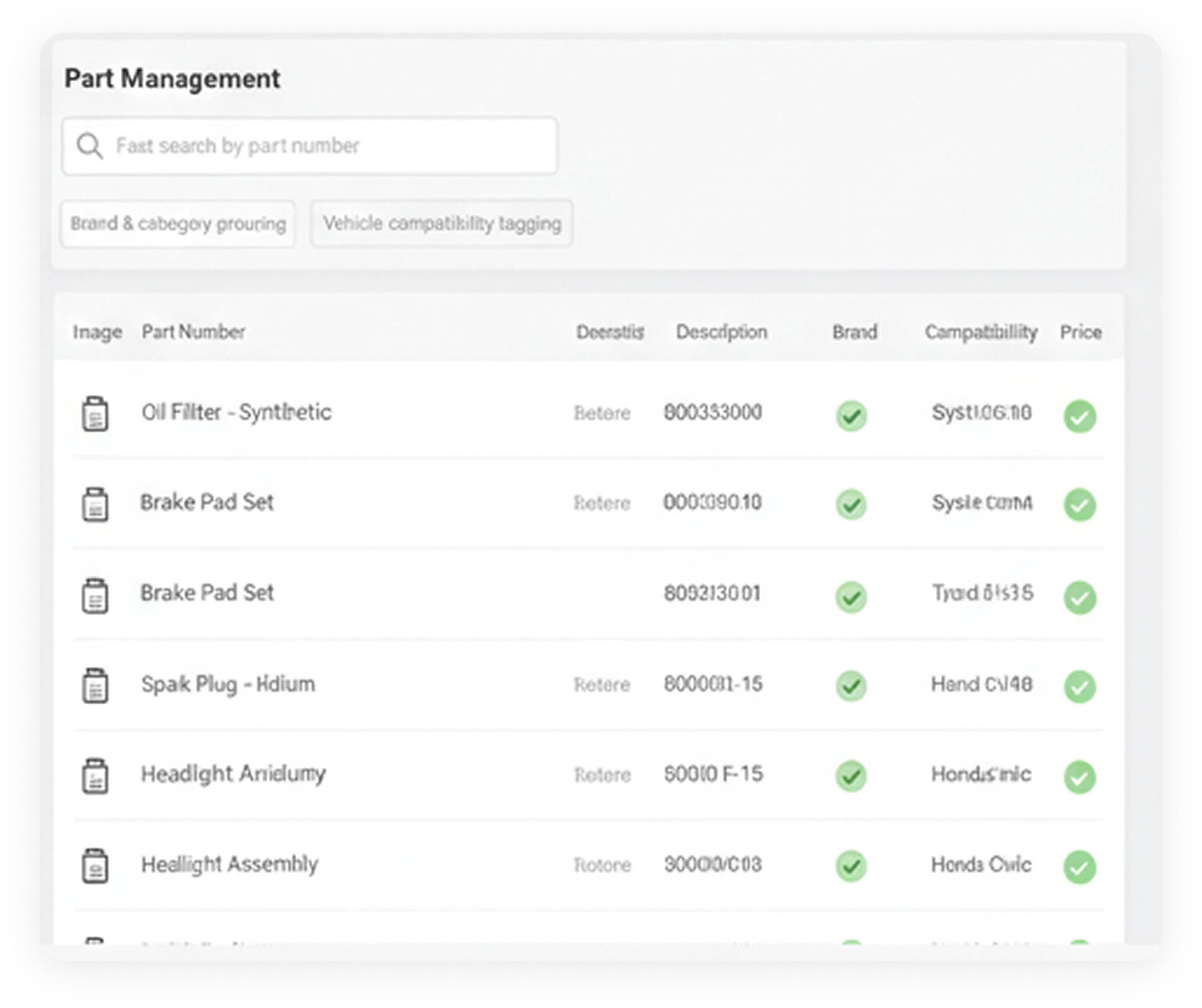 SKU and part number management screen with OEM mapping and vehicle compatibility