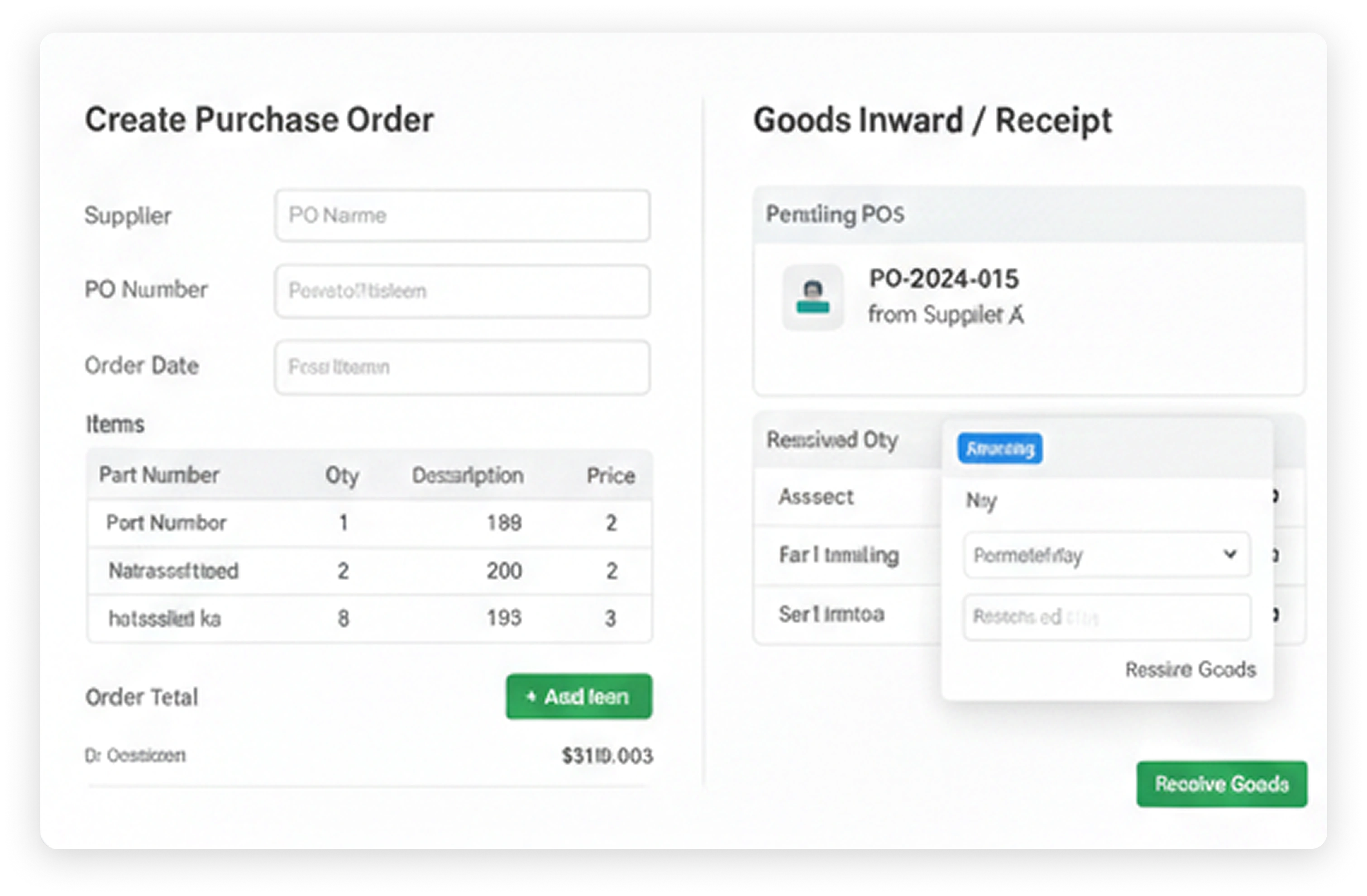 Purchase order and goods receipt screen with supplier outstanding visibility